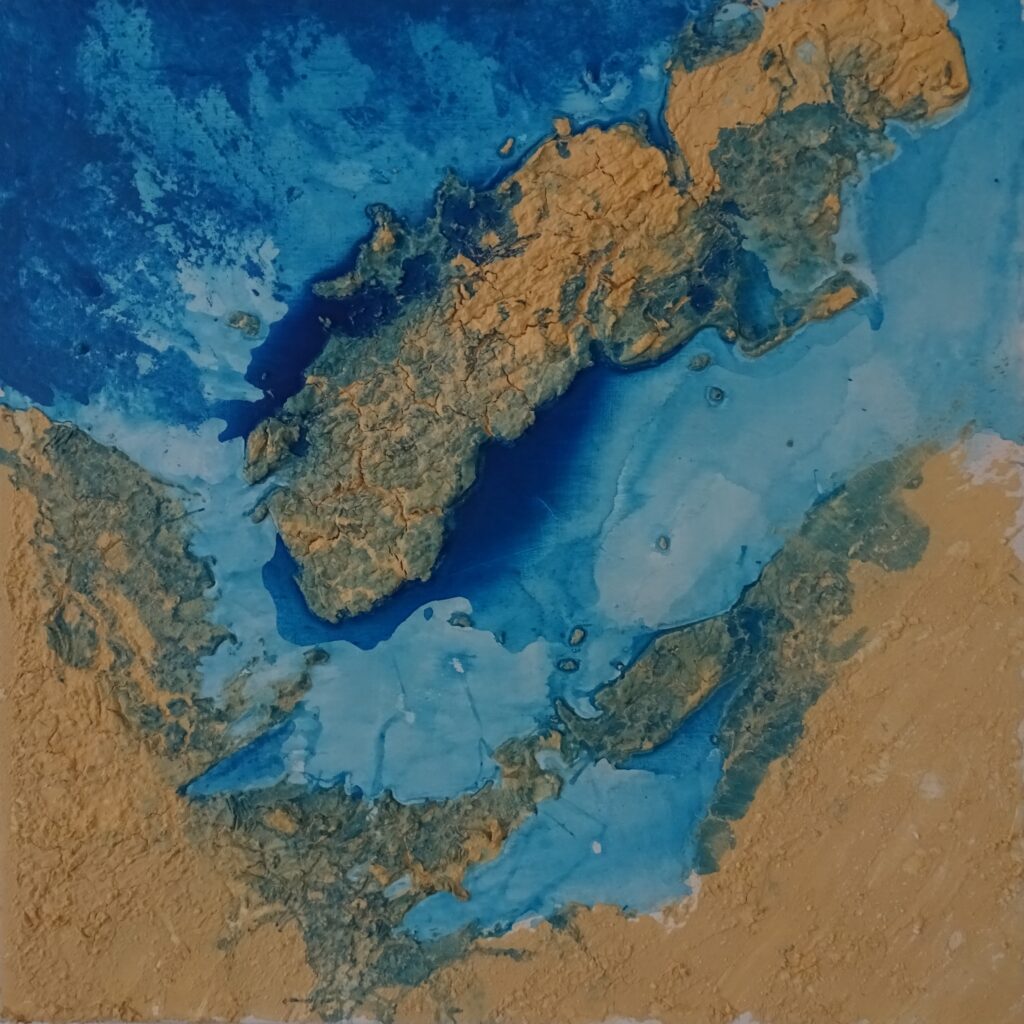 Ebbe, 60 bij 60 cm, acryl, zand, binder en gips