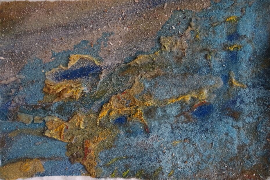 Zand, 21.5 bij 32 cm, acryl, krijt, zand en binder