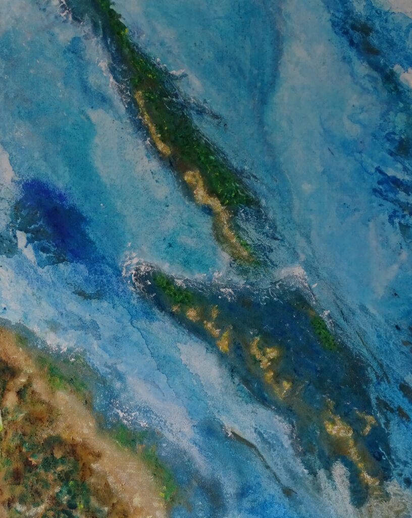 Schaar op S, 90 bij 70 cm, acryl, zand en binder