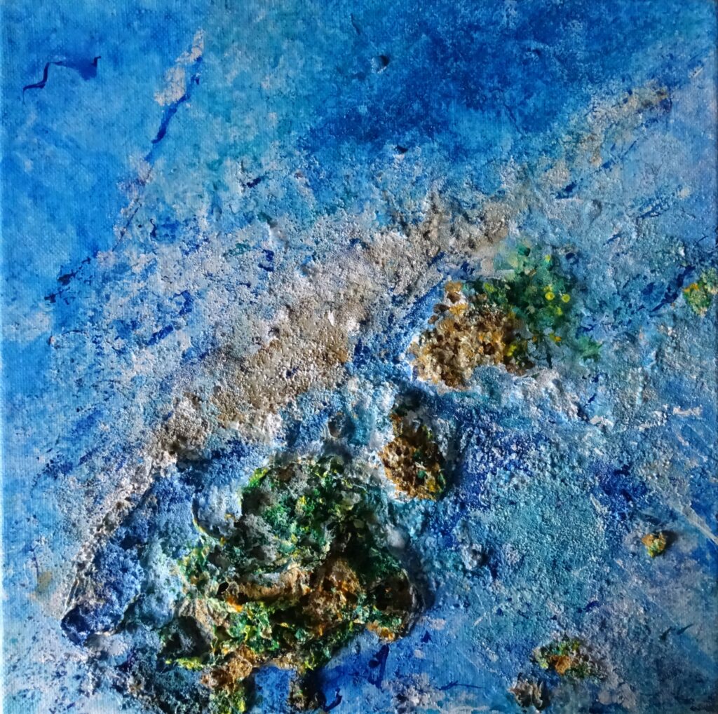 Opkomend, 30 bij 30 cm, acryl, zand en binder