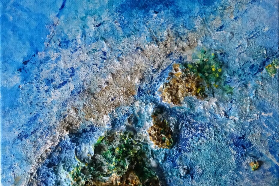 Opkomend, 30 bij 30 cm, acryl, zand en binder