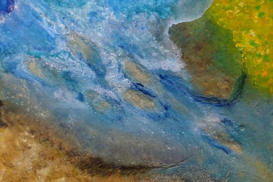 Speelmansheule, 60 bij 80 cm, acryl, zand, binder en gips.