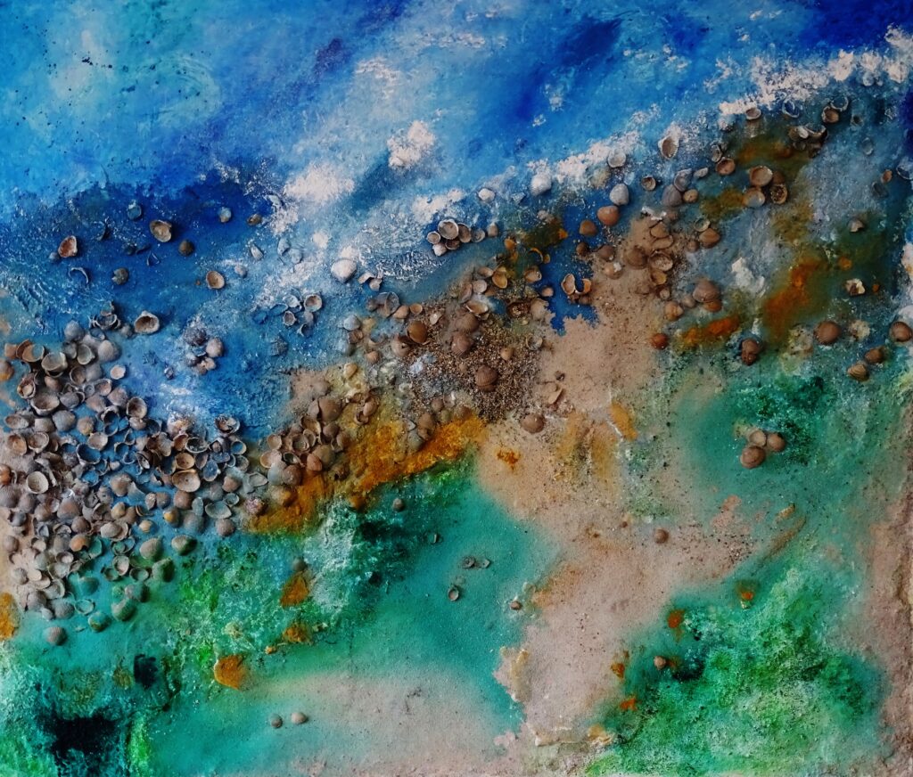Zwinkokkel, 1 bij 115 m, acryl, zand, schelpen en binder