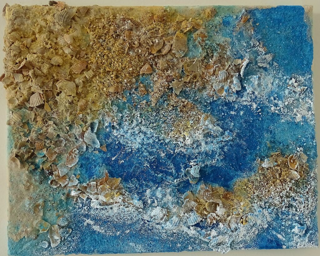 Opkomend I, 25 bij 30 cm, acryl, zand, schelpen, binder en gips
