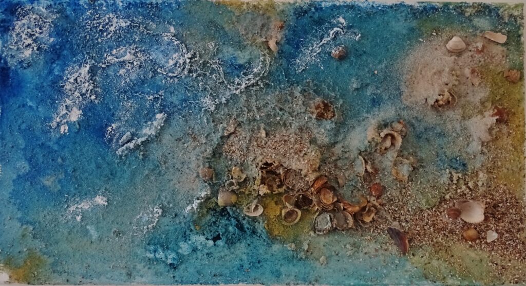 Afgaand, 34 bij 64 cm, acryl, zand, schelpen en binder.