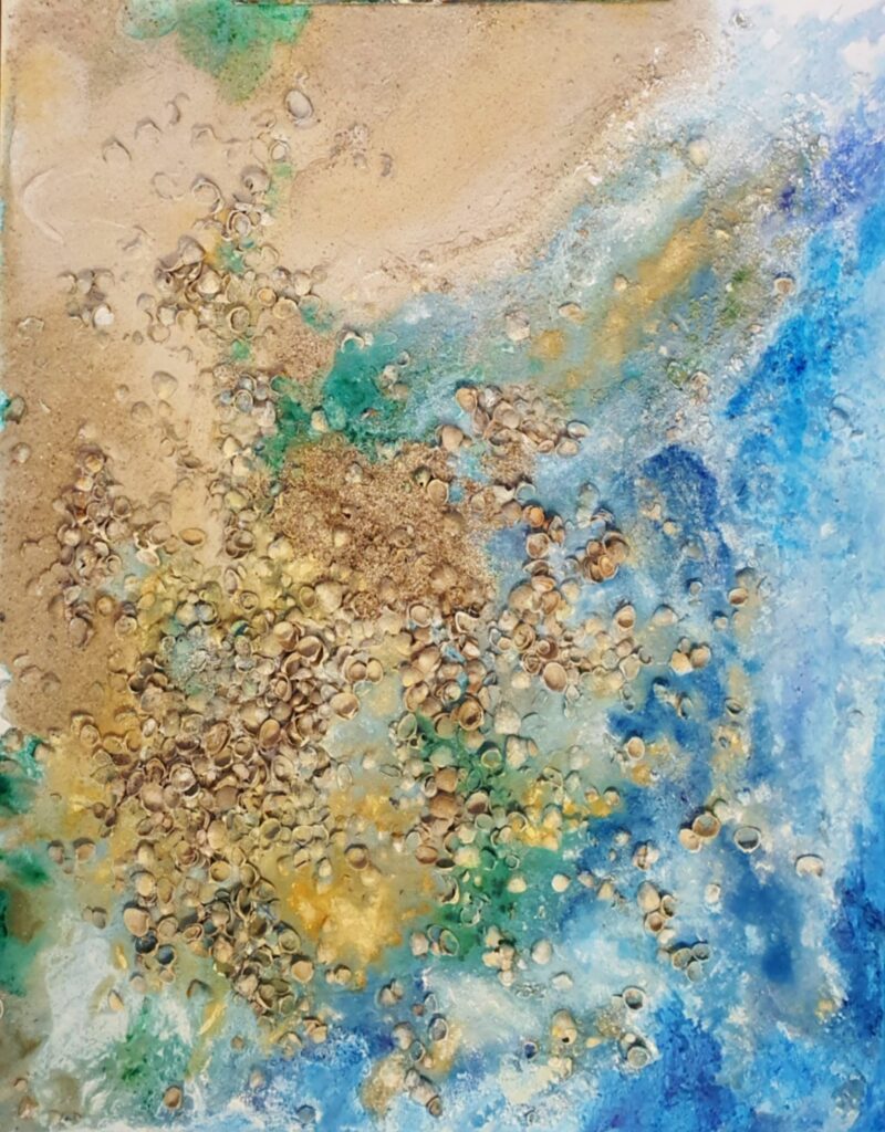 Lahe Woater 1.20 bij 1 m, acryl, zand, schelpen en binder.