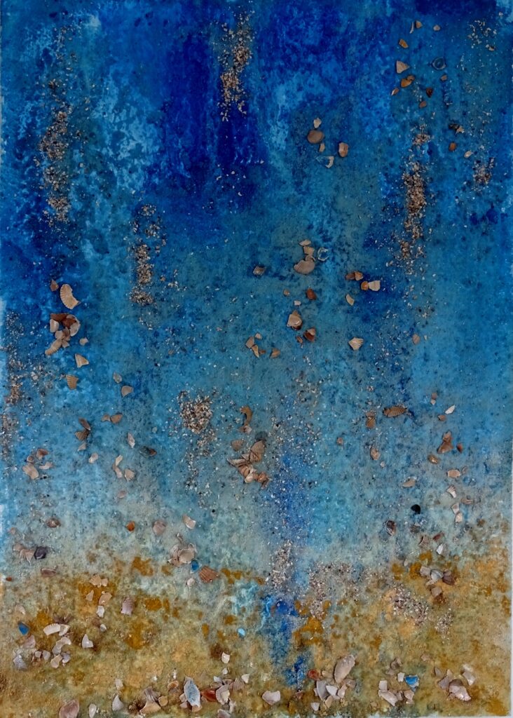 Inertie, 70 bij 50 cm, acryl, zand, schelpen en binder.