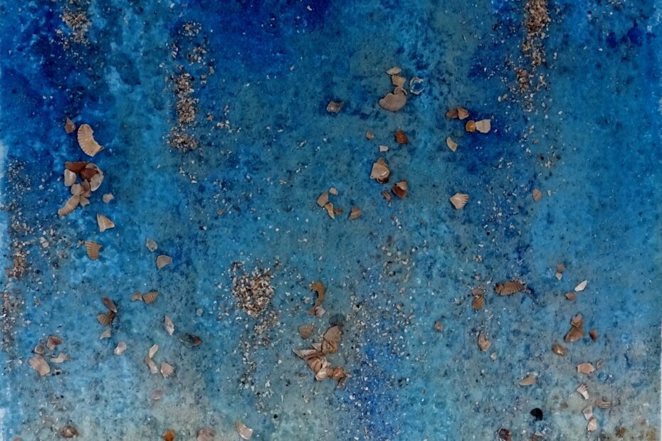 Inertie, 70 bij 50 cm, acryl, zand, schelpen en binder.